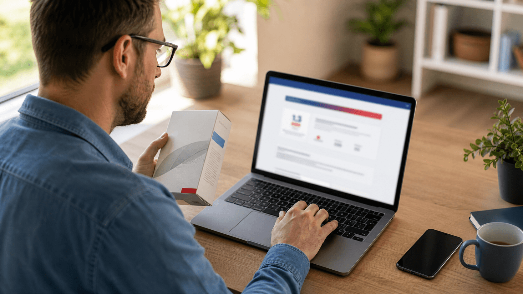 Verbraucher prüft ein Gütesiegel und eine Lizenznummer am Laptop